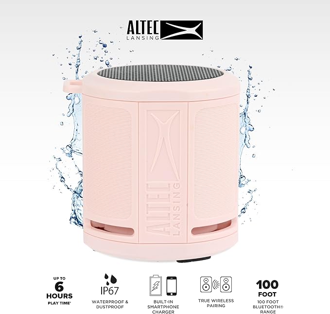 Altec Lansing HydraMicro - Waterproof Bluetooth Speaker, Lightweight & Portable Speaker for Travel & Outdoor Use, Petal Pink