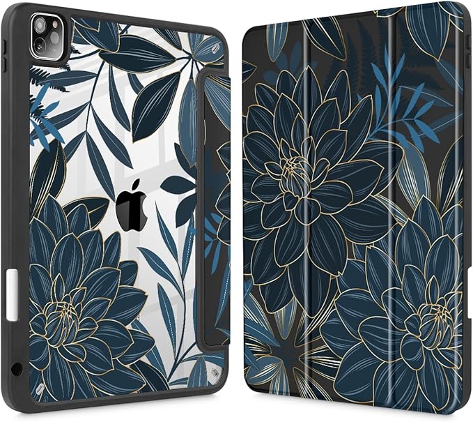 Tuiklol for iPad Pro 11 Inch 4th / 3rd / 2nd / 1st Gen (2022 2021 2020 2018) Case -Built-in Pencil Holder Shockproof Cover Clear Transparent Back Shell with Auto Wake/Sleep, Black Flower