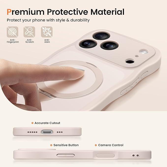 CAPRARO for iPhone 17 Pro Case with 360° Spin Magnetic Stand for Women, [Compatible with MagSafe] [Full Camera Protection] Cute Wave Translucent Matte Case for iPhone 17 Pro, Rose Gold
