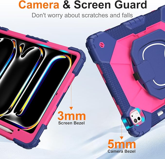 Case for iPad Pro 13 Inch M5 2025 / M4 2024, Auorld for iPad Pro 13 Inch M5 2025 with Screen Protector, 360 Degree Rotating Stand Shoulder Strap Pencil Holder, Navy Pink