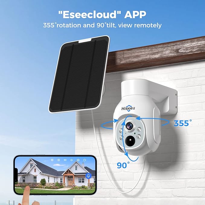 Hiseeu Solar Security Camera Outdoor, 4PCS 4MP Wireless Security Camera System with 10in LCD, 2-Way Audio, PT 360°, Night Vision, Motion Detection, 2.4G WiFi, No Subscription fee