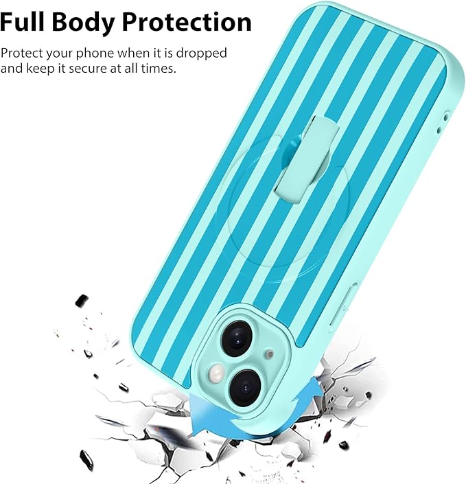 KANGHAR Compatible with iPhone 15 Case, Support for MagSafe, Silicone Stripes Cute Pattern, Wristband Kickstand Camera Protection Soft Slim Cover for Girls Women -Blue