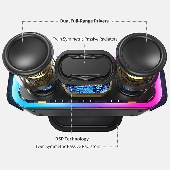 DOSS SoundBox Pro+ Bluetooth Speaker, Immersive 24W Stereo Sound with Booming Bass, IPX6 Waterproof, 15H Playtime, Mixed Colors Lights, Wireless for Backyard, Hiking, Garage, Party-Grey