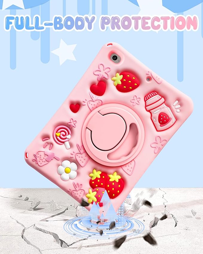 Boaretiu for iPad mini 5/4 Generation Case - Soft Silicone Cute Cartoon for iPad mini 5th/4th Case with Shoulder Strap & Rotating Stand 3D Kawaii for Women Girls Girly Teens, Strawberry