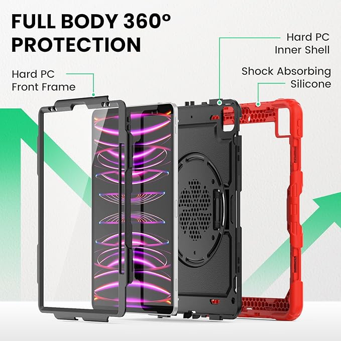 SEYMAC Case for iPad Pro 12.9 2022/2021/ 2020/2018, Heavy Duty Protection Shockproof Case with Screen Protector, 360° Rotating Stand/Handle/Shoulder Strap, Supports Pencil 2 Charging, Red