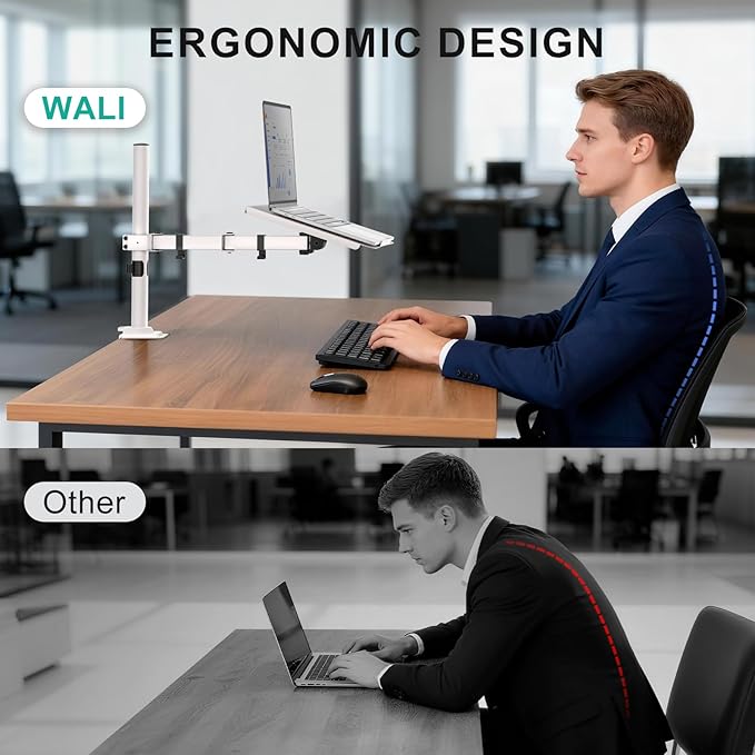 WALI Laptop Desk Mount for 17 inch Notebook, Adjustable Single Monitor Arm with Laptop Holder for 32 inch Screen, Laptops Stand with Ventilated Tray, Up to 22 lbs, (M00LP-W), White