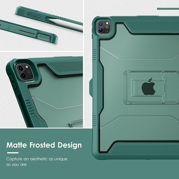 VIKESI Kickstand Protective Case for iPad Pro 12.9 6th / 5th / 4th / 3rd Generation (2022/2021/2020/2018 Released), Matte Frosted Scratch Resistant Back, TPU Shockproof Frame, Midnight Green