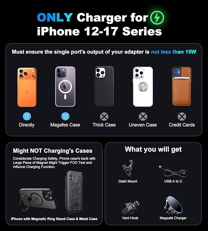 BHHB for Magsafe Car Mount Charger, [2026 Upgrade] 15W 2in1 Magnetic Wireless Car Charger, fits for Magsafe Car Charger, Vent/Dashboard Phone Holder for iPhone 17 16 15 14 13 12 Series(Cyan)