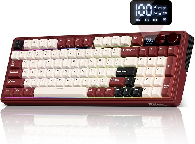 RK ROYAL KLUDGE M100 Wireless Mechanical Keyboard w/Screen & Dual Knobs, Tri-Mode Gasket Mount Gaming Keyboard with Number Pad, Hot Swappable Cream Switch, Red