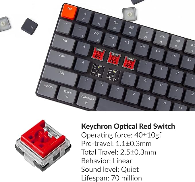 Keychron K3 Version 2, 75% Layout 84 Keys Ultra-Slim Wireless Bluetooth/USB Wired Mechanical Keyboard with White Backlit, Hot-Swappable Low-Profile Keychron Optical Red Switch for Mac Windows