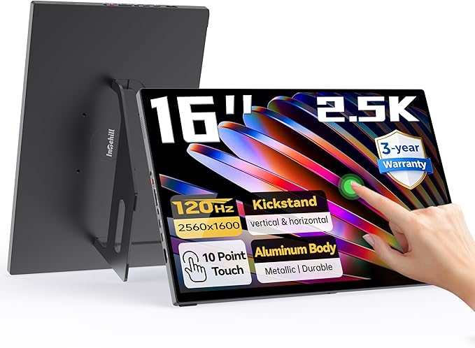 Intehill 16" 2.5K Portable Monitor, Second Laptop Screen Extender for Travel, Touchscreen Monitor for the Demanding Professionals, 120Hz Portable Gaming Monitor with Built-in Stand, T16KB (Black)