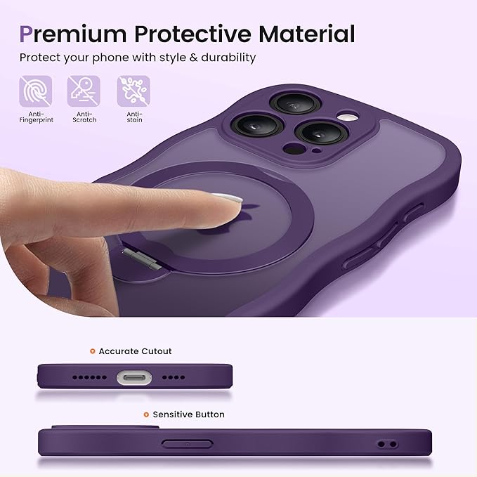 CAPRARO for iPhone 14 Pro Max Case with 360° Spin Magnetic Stand for Women, [Compatible with MagSafe] [Full Camera Protection] Cute Wave Translucent Matte Case for iPhone 14 Pro Max, Deep Purple