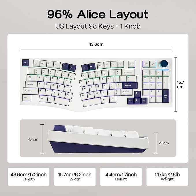 MechLands Feker Alice98 Ergonomic 98 Keys Custom Mechanical Keyboard, VIA Programmable, USB-C Wired Gaming Keyboard, Hot Swappable, 5 Layer Paddings, Control Knob, NKRO, RGB for Win/Mac (White)