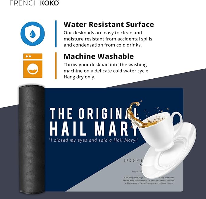 French KOKO Large Dallas Football Desk Mat for Desktop – XL Blue and Silver Desk Pad Mat Featuring The Hail Mary Play, Texas Sports Fan Gift, Man Cave Office Decor, Smooth Waterproof Desk Protector