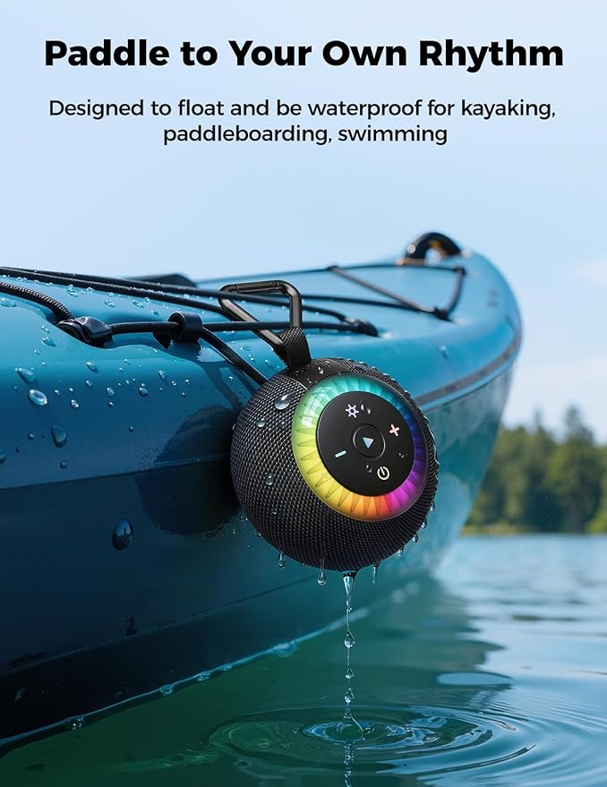 Shower Speaker Bluetooth Waterproof Portable: 360° Surround Sound, IPX7 Suction Cup Removable with Vacuum Exhaust Knob, RGB Lights, Beach/Pool/Camping/Kayak Essentials, Gifts for Mom Teens-Black