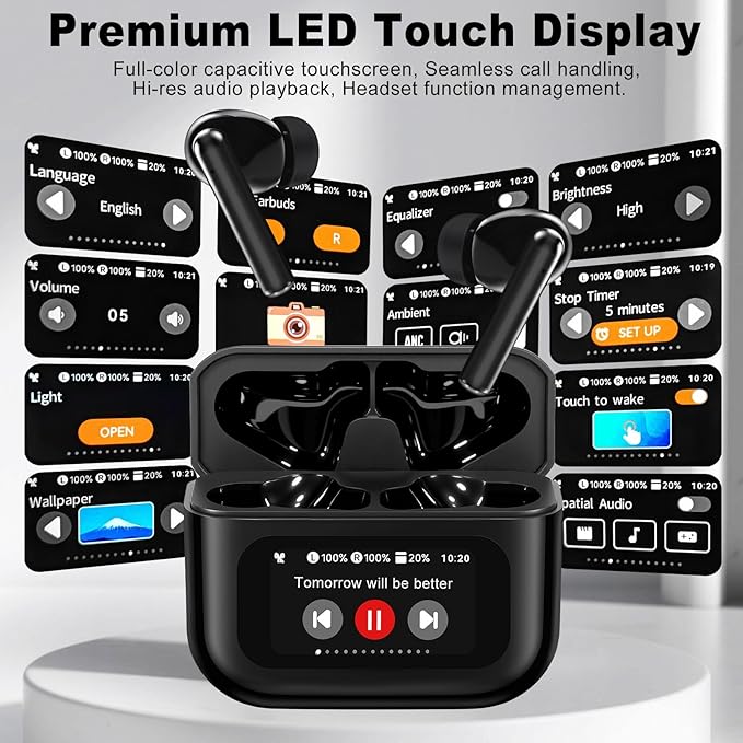 Wireless Earbuds, Bluetooth 5.4 Ear Buds with Touch Screen, ANC/ENC Noise Cancelling Earbuds with Charging Case, IPX7 Waterproof, 6 EQ Modes, 40H Playtime Stereo Sound Earphones for iOS Android(Black)