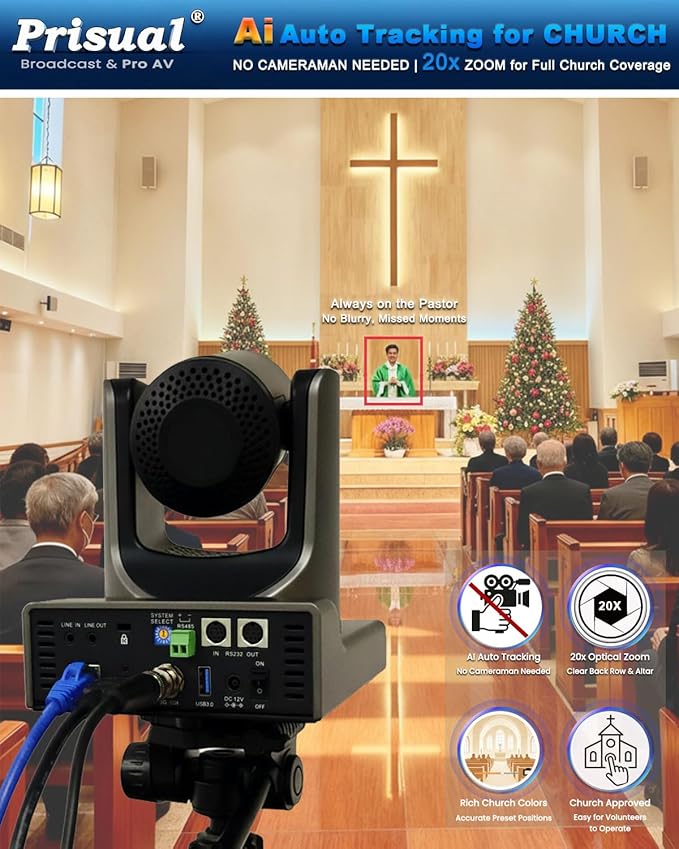 Prisual NDI PTZ Camera Gen 5, NDI 6 & NDI HX3 License Include, AI Auto Tracking, 20X Optical Zoom, 3G-SDI/HDMI/USB/LAN PoE, for Church Worship Live Streaming Education Events - TEM-20N PRO