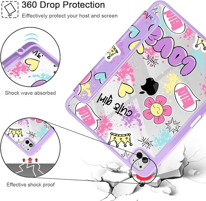 May Chen for iPad Pro 13 Inch Case M5 2025 / M4 2024, Built Pencil Holder & Clear Transparent Print Back Shell Slim Stand Shockproof Tablet Cover, Auto Wake/Sleep, Cute Girl Pattern