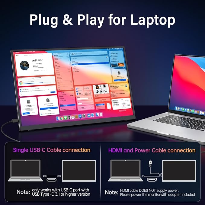 Portable Monitor 18.5 inch 100Hz FHD USB-C HDMI Travel Monitor w/Built-in Kickstand, VESA & Speakers, Eye Care HDR Portable Gaming Monitors