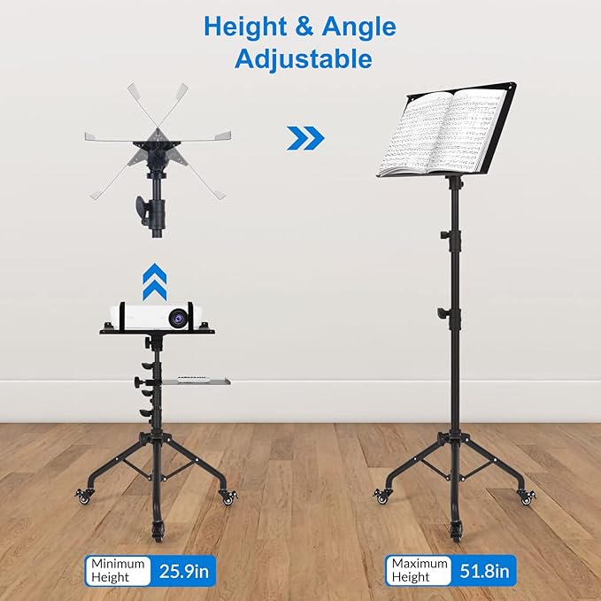 Tossbiss Laptop Tripod on Wheels with 2 Shelves, Portable Projector Floor Stand Adjustable Height 25.9 to 51.8 Inch with Phone Holder