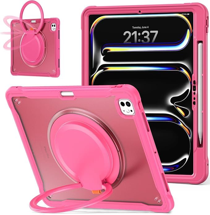 Batianda for iPad Pro 11 inch Case 2025 M5 2024 M4 Chip Lightweight Dual-Layer Protective Tablet Cover, Durable Shock-Absorbing Corners with 360° Rotating Kickstand Ring Built-in Pen Slot, Pink