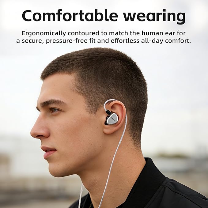 Klean SV in Ear Monitor, 10mm Full-DLC Diaphragm Dynamic Driver IEM, 3 Interchangeable Tuning Nozzles, HiFi Wired Earbuds, Detachable Cable for Audiophile, Musician & Gaming (Silver, 4.4mm)