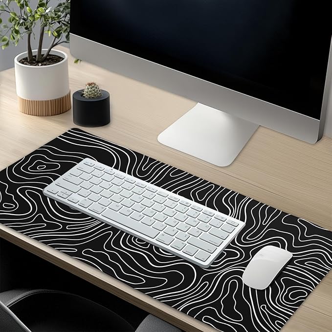 Kawani Topographic Contour Gaming Mouse Pad XL,Large Black Mouse Mat Desk Pad 31.5/inch x 11.8/inch,Extended Stitched Anti-Slip Base Long Computer Keyboard Mousepad Home Laptop Game Office Work