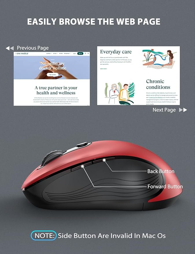 Trueque Wireless Mouse for Laptop, 2.4GHz Ergonomic Computer Mouse with Back & Forward Buttons, 3 Adjustable DPI Levels, 6 Buttons, Optical USB Cordless Mice for Windows PC, M01 (Red)