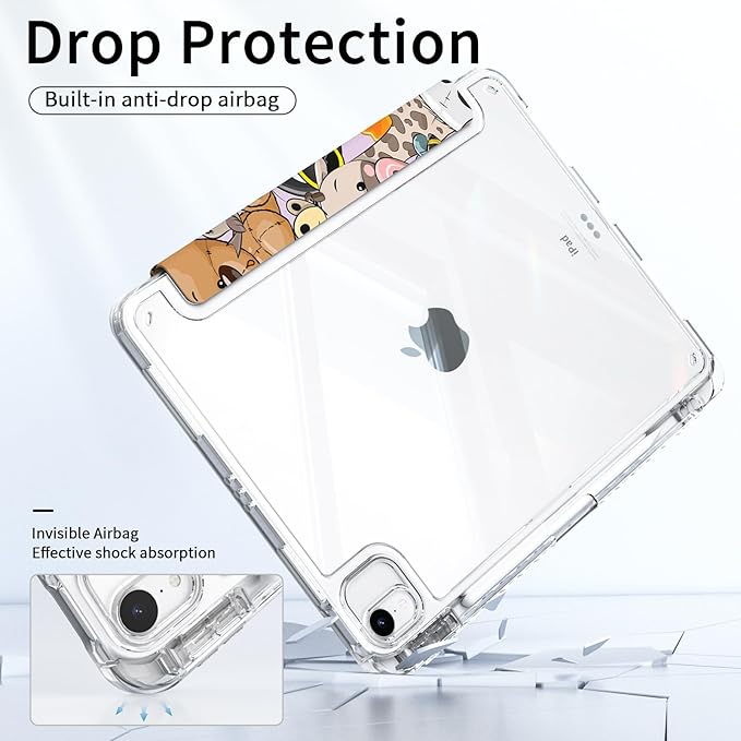 Trifold Case for ipad Air 6th/7th 11 inch M2/M3 2024/2025 with Pencil Holder, ipad Pro 11 4th/3rd/2nd/1st Gen, ipad Air 5th/4th Gen 10.9 Cover, Shockproof Clear Back Cover, Cute Animals