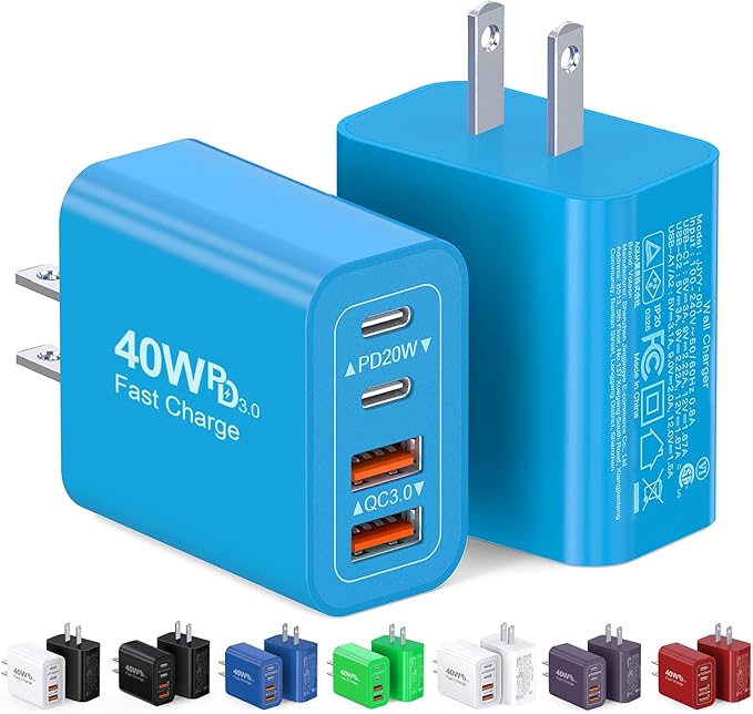 [40W/2Pack] Wall Charger,USB C Charger Block, Multi-Port PD + QC 3.0 Super Fast Charging Power Plug Adapter Brick for Watch Series 9 8 7, iPhone 17 16 15 14 13 Pro Max Airpod, Samsung Galaxy S24(Blue)