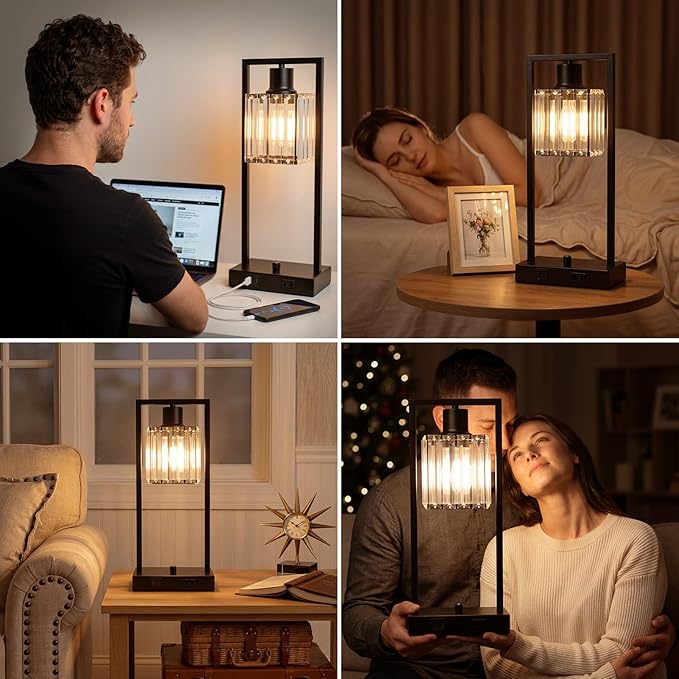 16" Desk Lamps for Home Office, Bedside Lamps with USB C+A Ports and Outlet, Black Fully Stepless Dimmable Industrial Table Lamps with Crytal Glass Shade for Reading Living Room, LED Bulbs Included