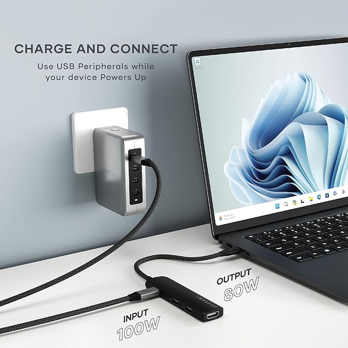 Satechi 4 in 1 USB C Hub Multiport Adapter with HDMI 4K@60Hz, 100W PD Charging, 2X USB-A Data Ports for MacBook Air/Pro/Neo, iPad Air/Pro, Windows – Black