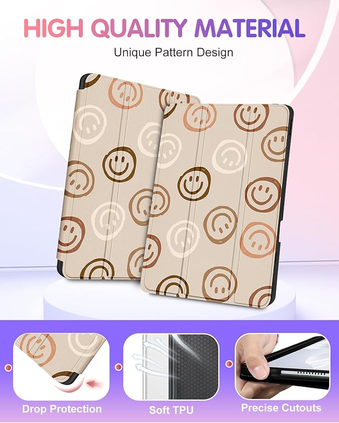 Uppuppy for iPad Air 13 Inch M2/M3, Pro 12.9 Case - Girls Cute Women Folio Cover Pencil Holder Girly Kawaii Smile Design Unique for iPad Air 13 2024 2025 Cases for Apple Pro 12.9 inch 6/5/4/3 gen