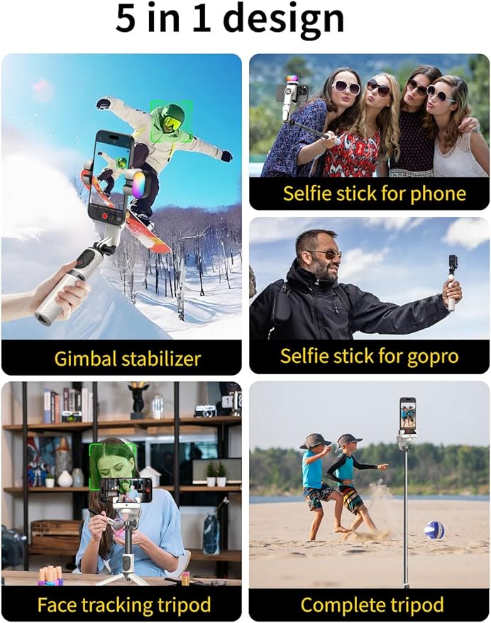 AOCHUAN Gimbal Stabilizer for iPhone, Sefie Stick Tripod with Auto Face Tracking for TIK Tok YouTube Video Recording, 4 in 1 Gimbal Stabilizer with 360° Rotation for iPhone/Andriod -M1 Pro White