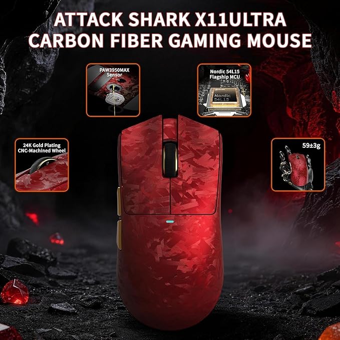 ATTACK SHARK X11 Ultra 8K Carbon Fiber Wireless Gaming Mouse,Nordic 54L15 MCU,PAW3950MAX Sensor,59g Superlight,42000 DPI,BT/2.4Ghz/Wired Mouse with 100 Million Clicks,Programmable for Pc/Mac,Red