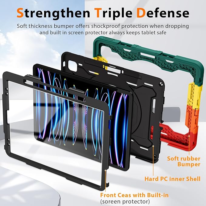 ROISKIN for iPad Pro 12.9 -Inch Case (6th, 5th, 4th & 3rd Gen)with HD Screen Protector, 360 Stand, Handle, Pencil Holder,Shoulder Strap[15ft Drop Protection]Rugged Bulky Full Body 12.9 iPad Pro Case