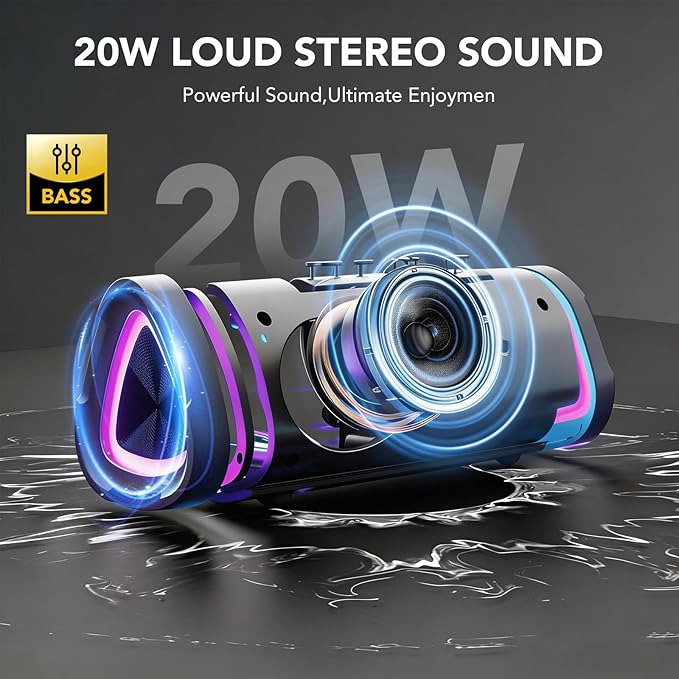aowoka Bluetooth Speaker, 2026 Portable Wireless Speakers with Led Light, Bluetooth 5.4, 15H Playtime, Enhanced Bass, IPX7 Waterproof, Outdoor Speaker for Travel, Sport, Party, Biking.