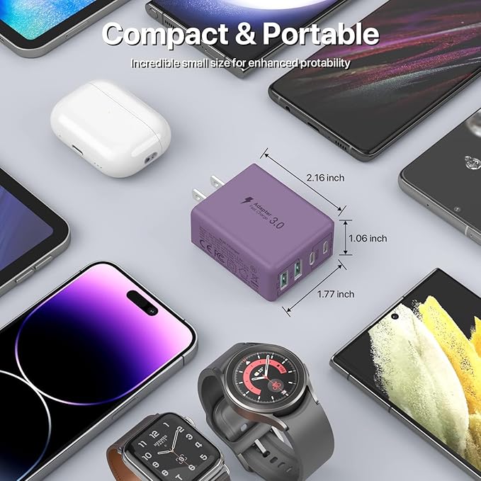 sccvee USB C Wall Charger, 40W 4-Port USB C Charger Block, Fast Charging Block Dual Port PD+QC Wall Plug Multiport Type C Compatible with iPhone 14/13/12/11/Pro Max/XS/XR/8/7, Tablet(Purple)