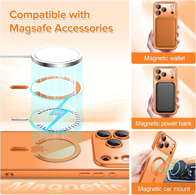 Hython Magnetic Clear for iPhone 17 Pro Case with Camera Lens Protector [Compatible with MagSafe] Luxury Plating Edge Slim Soft TPU Cover Protective Phone Case for iPhone 17 Pro 6.3", Matte Orange