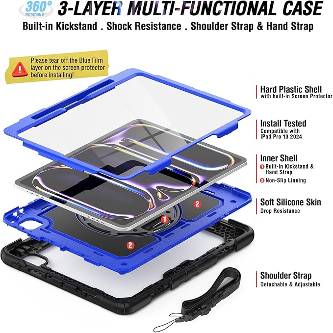Case Compatible with iPad Pro 13 2024 with Screen Protector | Case for iPad Pro 13 Inch with Pen Holder Stand Hand/Shoulder Strap | Silicone Rugged Protection Case | Blue