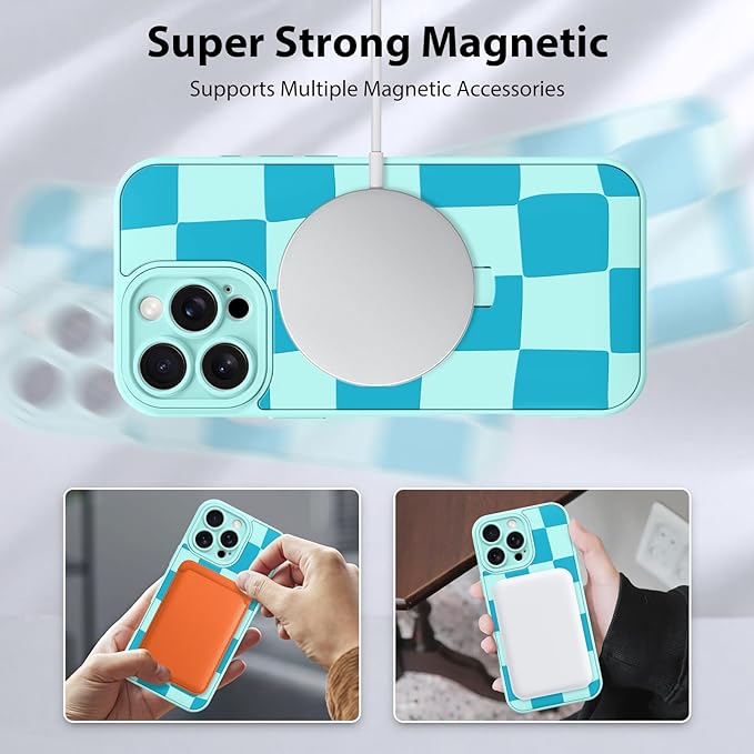 KANGHAR Compatible with iPhone 16 Pro Case, Support for MagSafe, Silicone Checkered Cute Pattern, Wristband Kickstand Camera Protection Soft Slim Cover for Girls Women -Blue