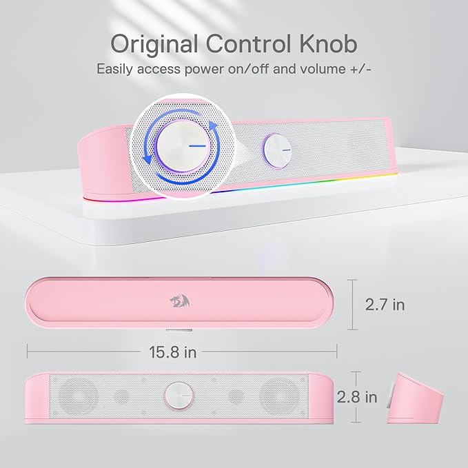 Redragon GS560 RGB Desktop Soundbar, 2.0 Channel Computer Speaker with Dynamic Lighting Bar Audio-Light Sync/Display, Touch-Control Backlit with Volume Knob, USB Powered w/ 3.5mm Cable, Pink