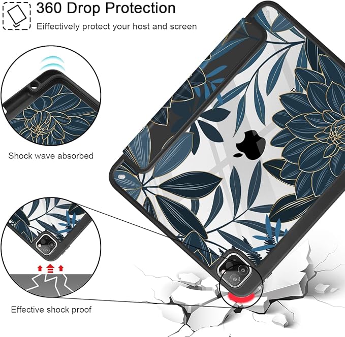 Tuiklol for iPad Pro 11 Inch 4th / 3rd / 2nd / 1st Gen (2022 2021 2020 2018) Case -Built-in Pencil Holder Shockproof Cover Clear Transparent Back Shell with Auto Wake/Sleep, Black Flower