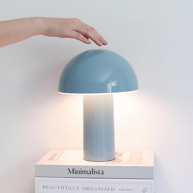 Brightech Celia Small Lamp – 10" Touch-Controlled Mushroom Table Lamp, Cordless & Dimmable LED, Portable & Rechargeable Bedside Night Light, Sustainable Recycled Modern Lamp for Home Décor, Light Blue