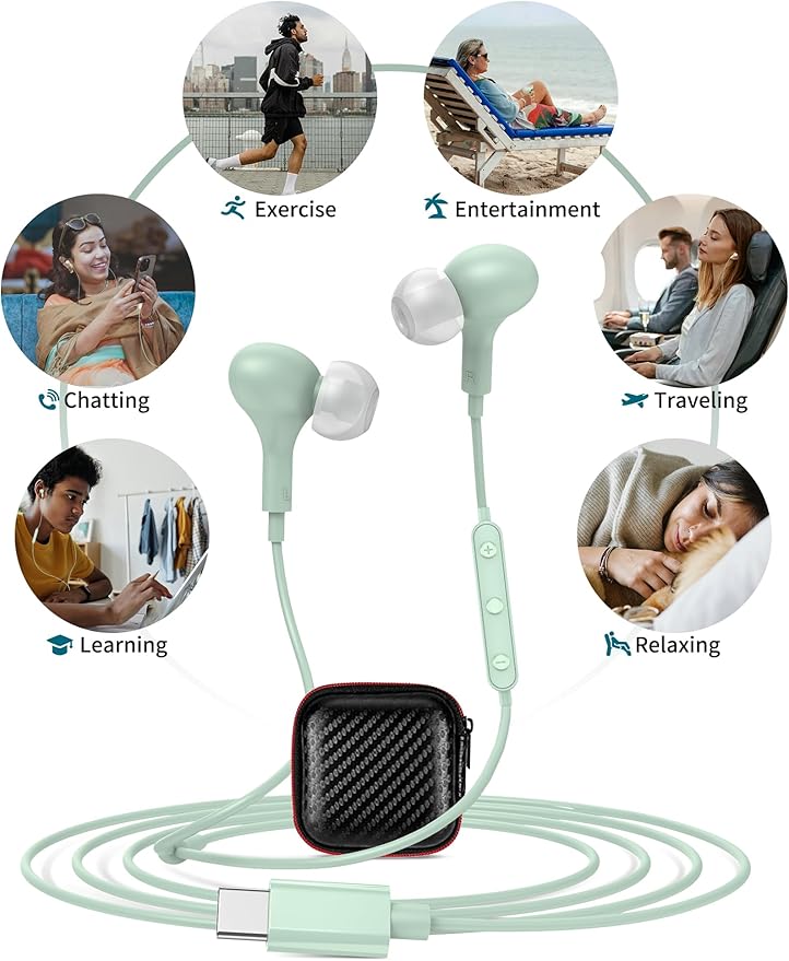 APETOO USB C Headphones for iPhone 17 16 15 Plus iPad 10th Wired Earbuds for Samsung S26 S25 S24 S23 S22 Magnetic Noise Canceling in-Ear Type C Earphones with Mic Volume Control for Pixel 9 8 7, Mint