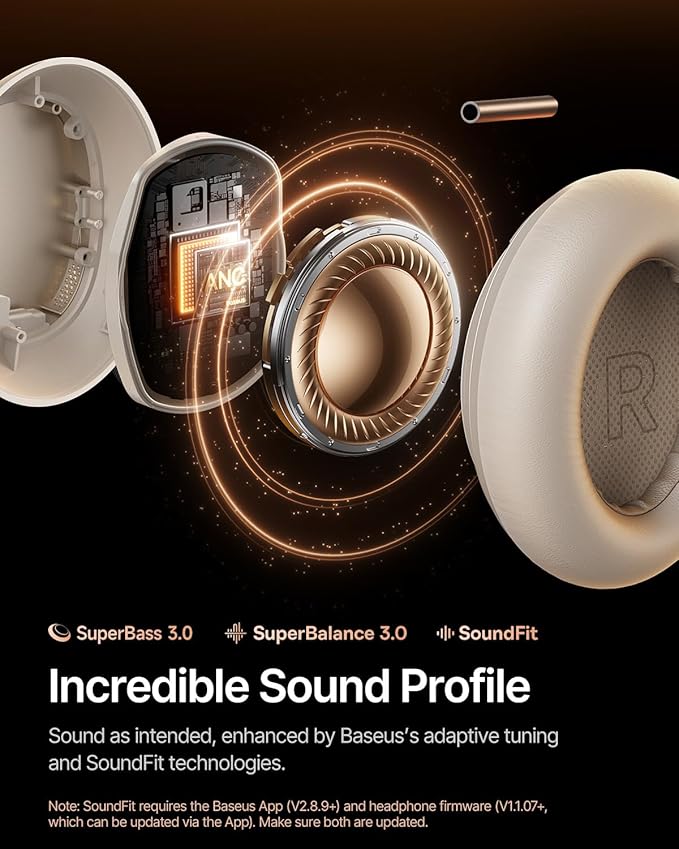 Baseus Inspire XH1 Adaptive Active Noise Cancelling Headphones, Sound by Bose, Dolby Audio, Premium Real-Time Adaptive ANC, Adaptive Rich Sound, Hi-Res Audio, 100H Playtime - Starlight Off-White