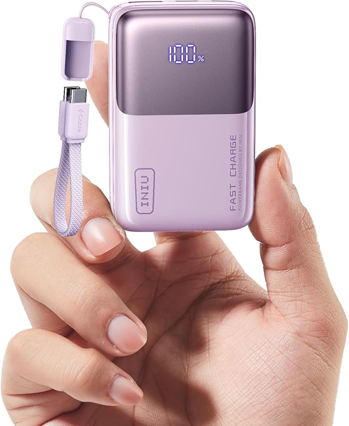 INIU Portable Charger, Ultra Mini 10000mAh 45W Fast Charging Power Bank, USB C Battery Pack with Cable, Flight-Safe Travel Powerbank for iPhone 17, Xiaomi 17 Pro, Teen Girls, Student, Light Purple