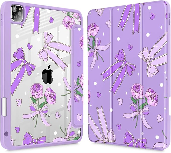 Tuiklol for iPad Pro 11 Inch 4th / 3rd / 2nd / 1st Gen (2022 2021 2020 2018) Case -Built-in Pencil Holder Shockproof Cover Clear Transparent Back Shell with Auto Wake/Sleep, Bow & Rose Purple