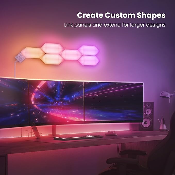 Feit Electric Smart LED Hexagon Tile Lights, 7" Ea, Linkable, RGBW Color Chasing, 2.4GHZ WiFi Enabled, Compatible with Alexa and Google Home Asst, Music Sync, Remote App, 6 Pack - HEX/CHASE/AG/6KIT