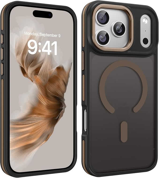YINLAI Case for iPhone 17 Pro Max, Magnetic [Compatible with Magsafe] Supports Wireless Charging Slim Translucent Matte Women Men Shockproof Protective Back Phone Cover 6.9 Inch, Black/Desert Titanium
